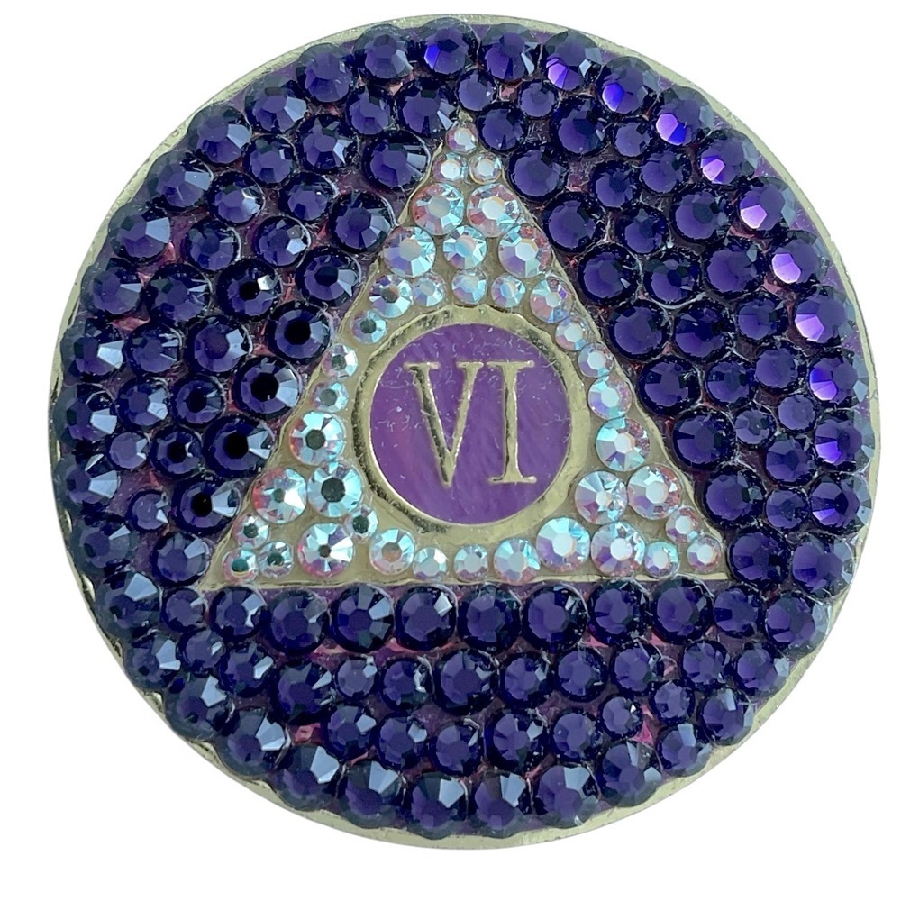 Handmade Swarovski Crystal 6 Year Sobriety Recovery Medallion Purple OOAK
